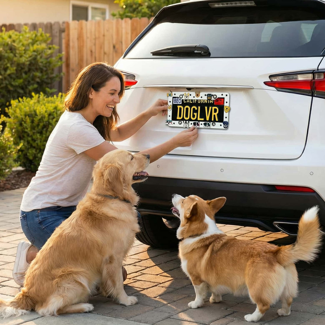White dog mom DIY license plate frame with pet-themed charms