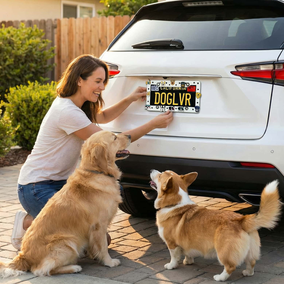 White dog mom DIY license plate frame with pet-themed charms