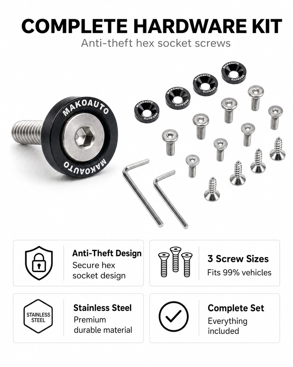 Complete hardware kit with tamper-resistant hex socket stainless steel screws for car tags