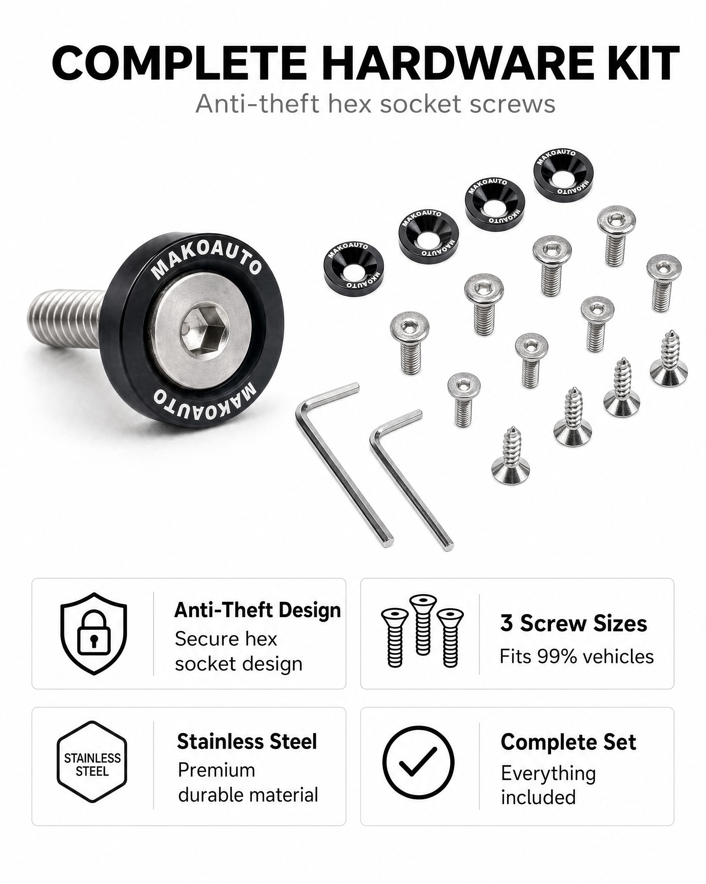 Complete hardware kit with anti-theft hex socket stainless steel screws for car tags