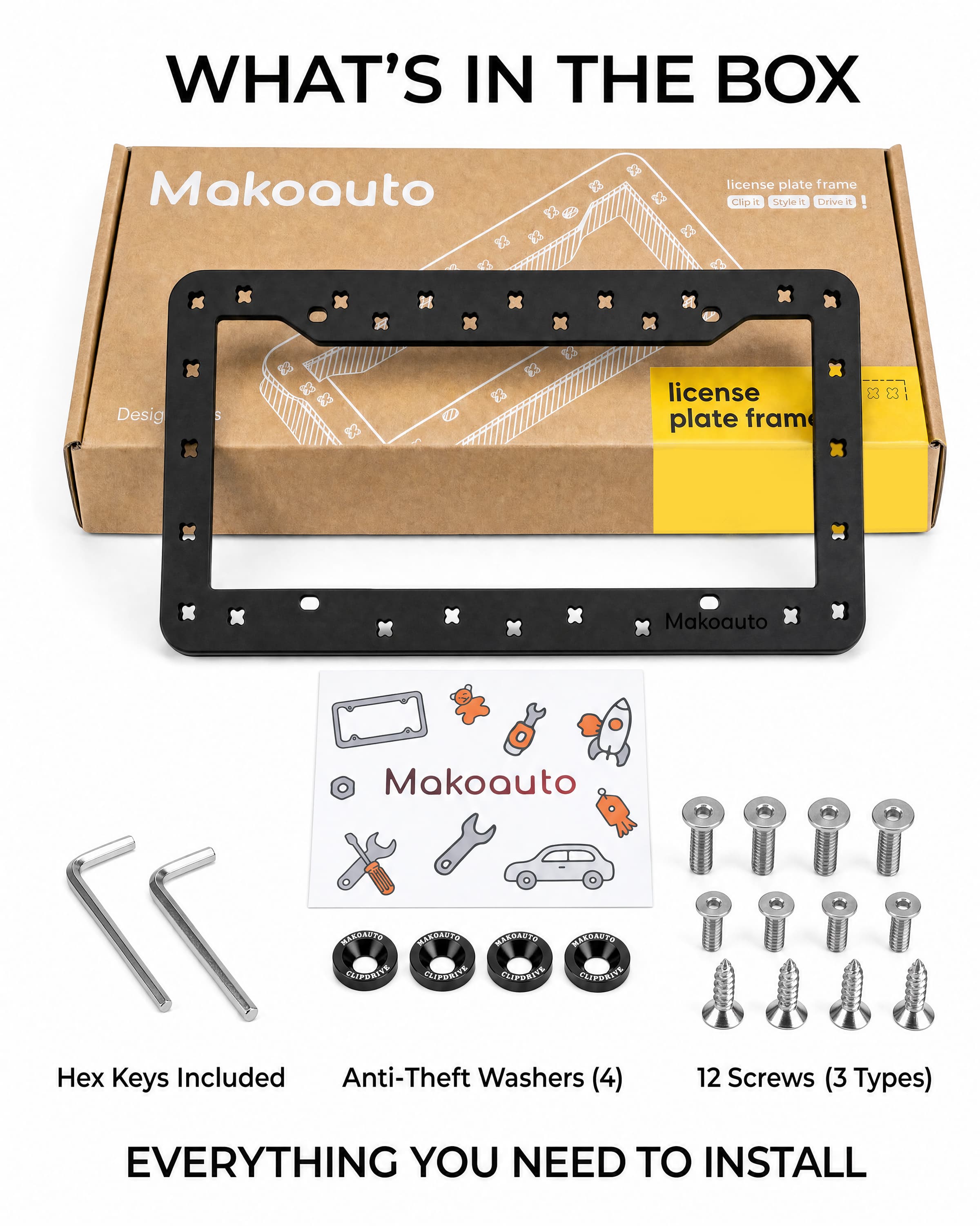 What is in the box: black license plate holder, hex keys, anti-theft washers, and screws