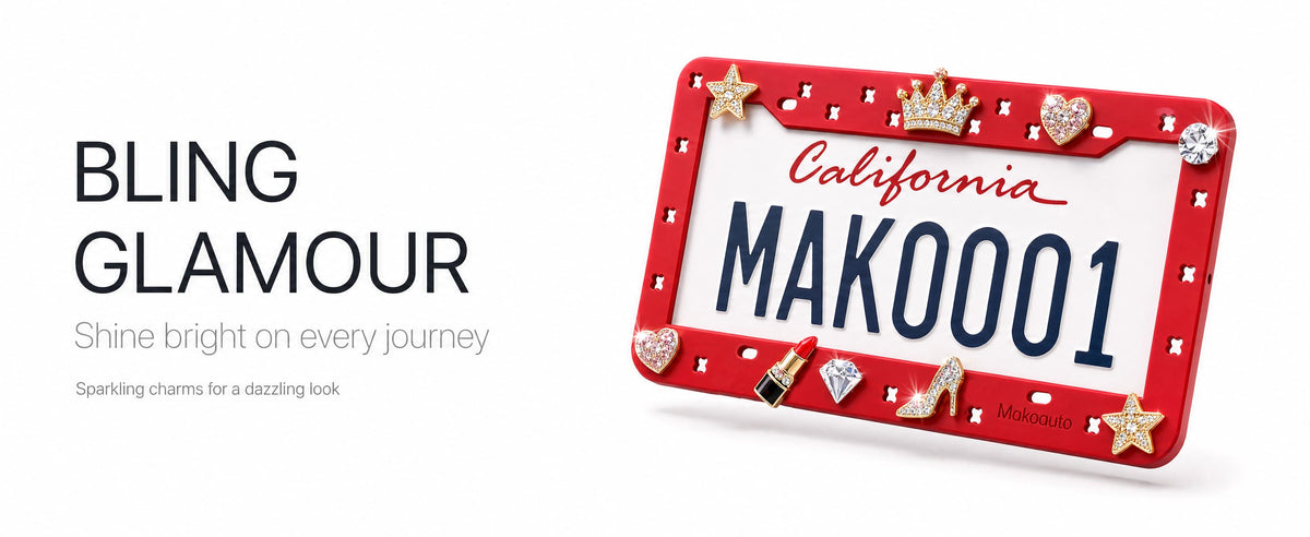 Red DIY car tag cover featuring bling crystal and rhinestone shoe charms for a glamorous look