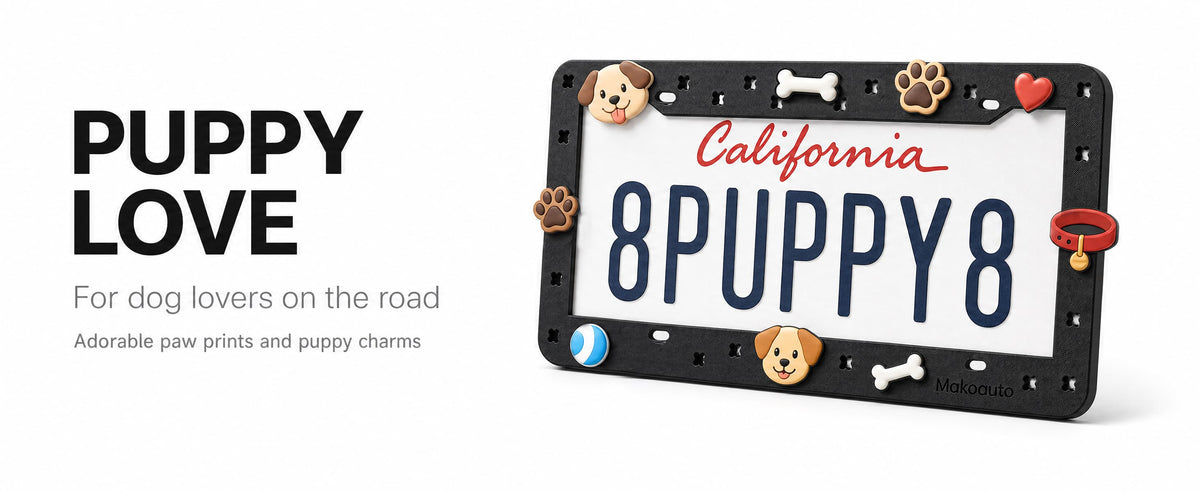 Cute black DIY license plate frame designed for dog lovers with puppy paw and bone shoe charms