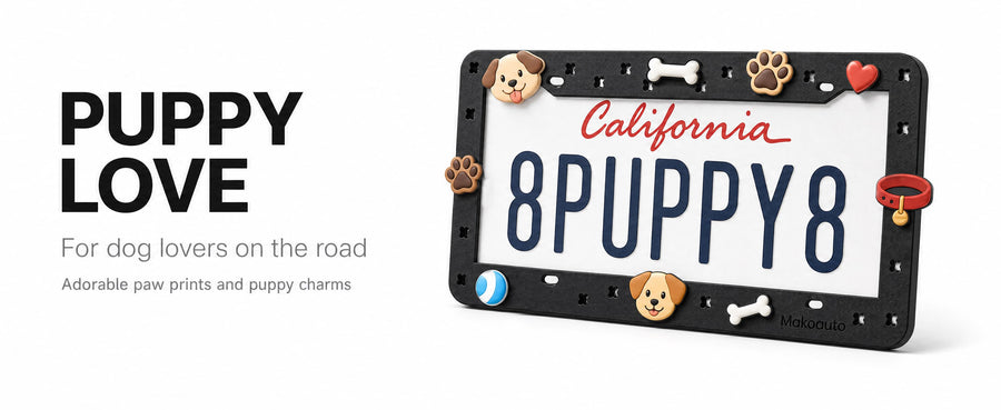 Cute black DIY license plate frame designed for dog lovers with puppy paw and bone shoe charms