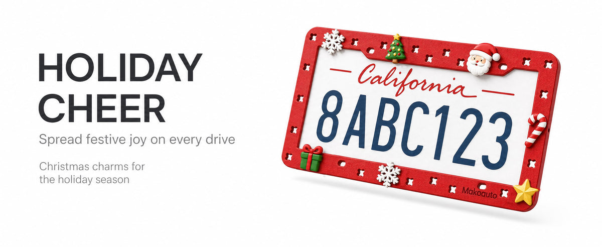 Festive red DIY license plate holder customized with Christmas holiday shoe charms for winter driving