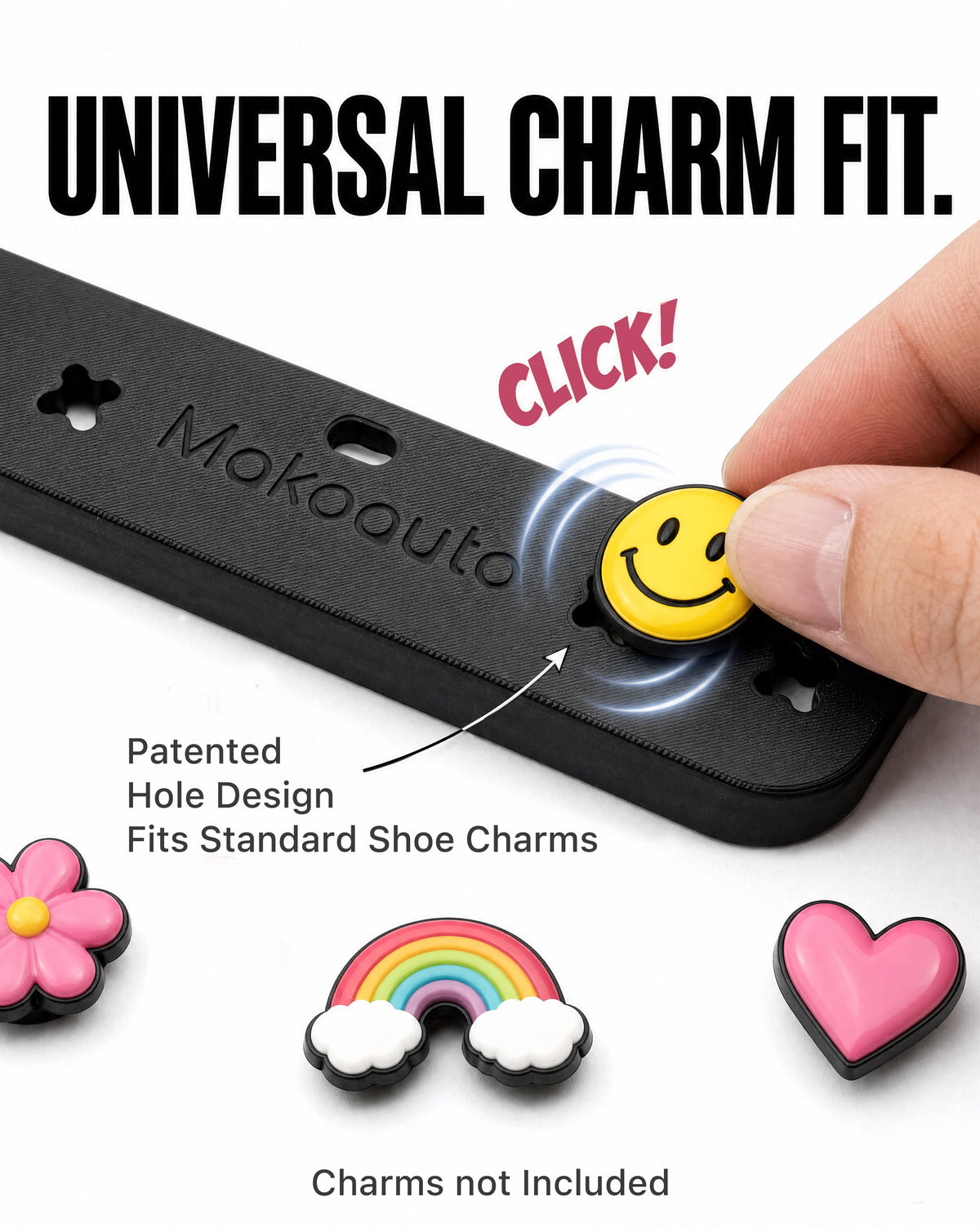 Universal charm fit. Popping a smiley shoe charm into the black car tag holder