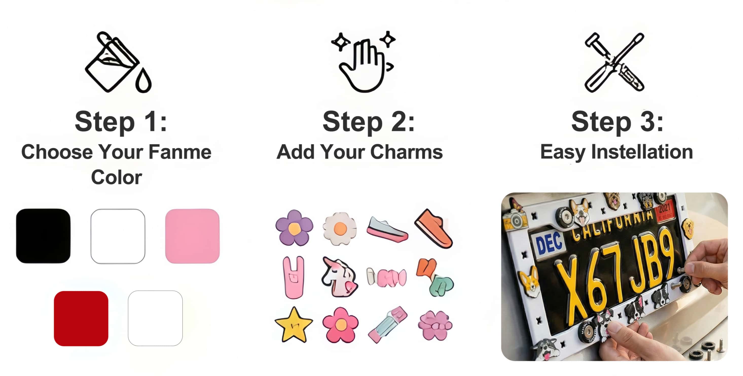 Three simple steps showing how the Makoauto custom license plate frame works: easily snap your aesthetic shoe charms into the flexible grid and install it on your car