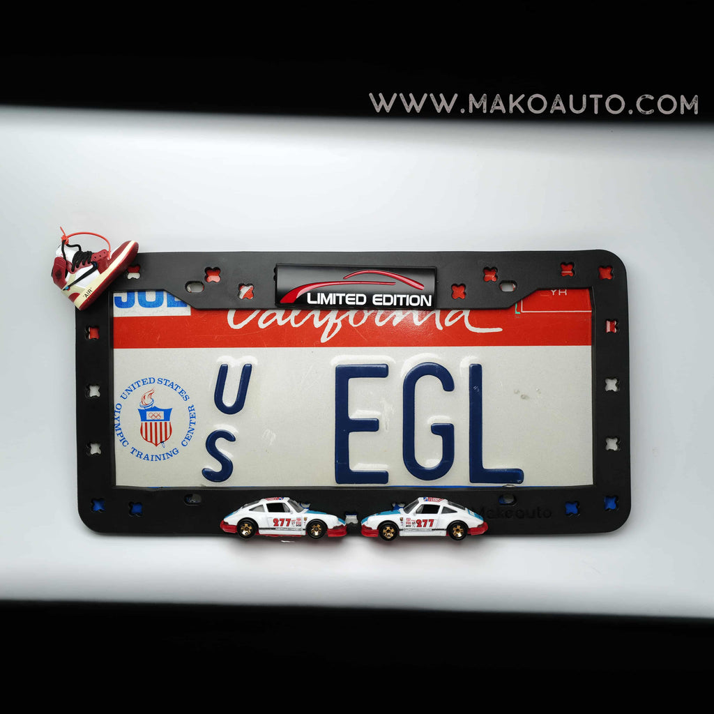 Makoauto "The 277 Legacy" Metal Series | Black DIY License Plate Frame + 3D Aluminum Vintage Racer Charms