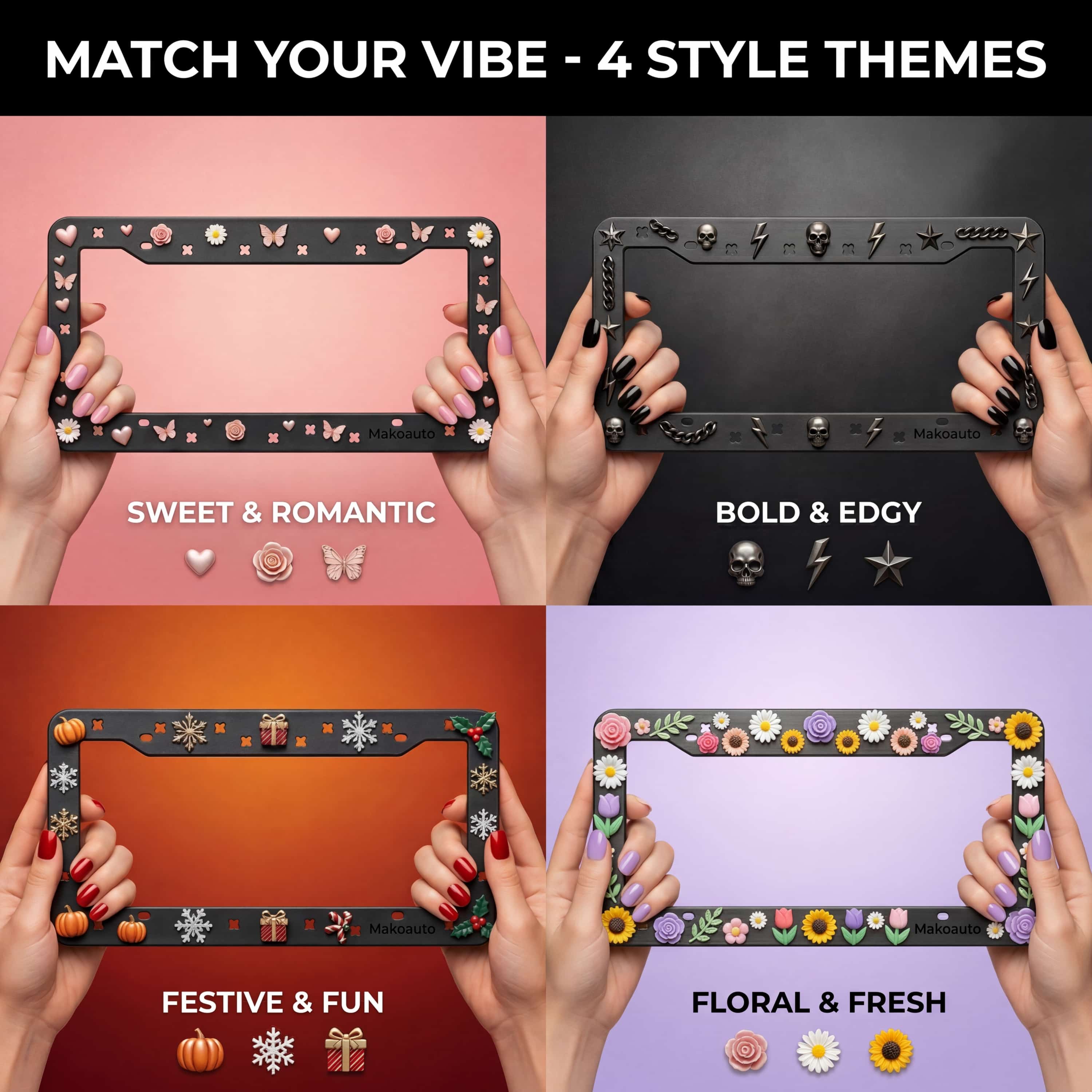 Four distinct aesthetic themes of the Makoauto customizable license plate frame, showcasing endless DIY car decoration styles using shoe charms