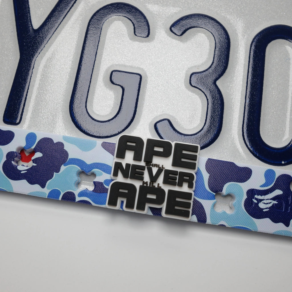 Macro detail showing high quality UV printed blue camo pattern on flexible TPU car frame