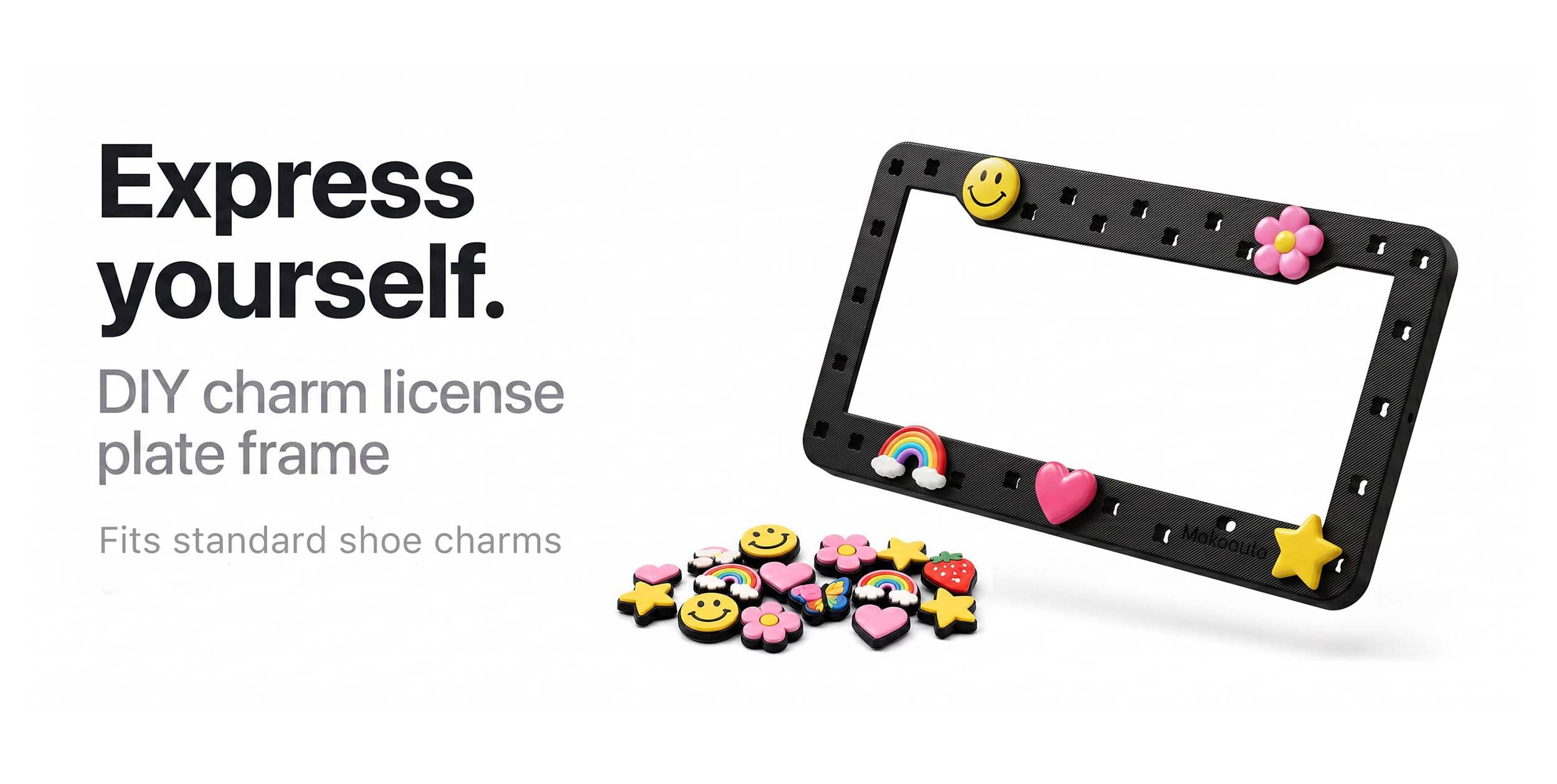 Makoauto custom DIY license plate frame. Built durable with flexible TPU. Pop in your favorite 3D shoe charms to match your vibe