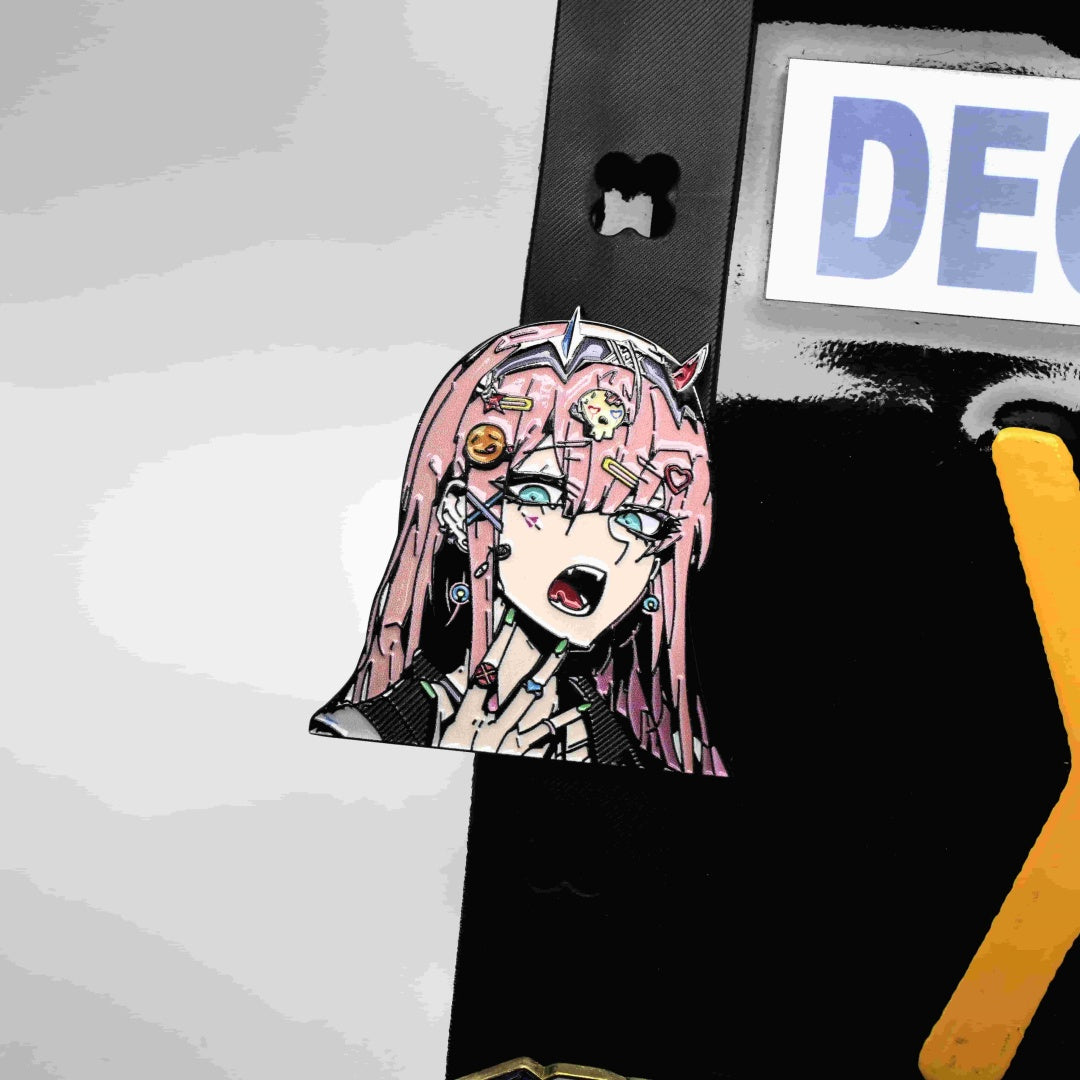 Makoauto patented DIY license plate frame bundle featuring cyber-pilot pink-haired anime character charms on matte black TPU background
