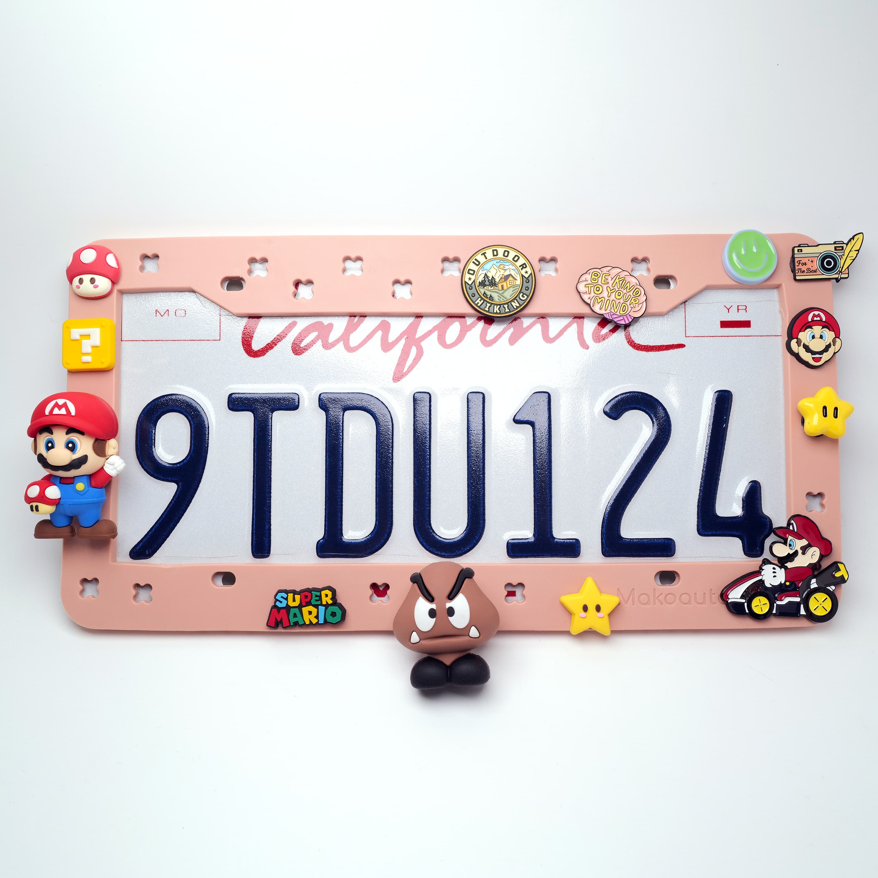 Pink license plate frame with retro arcade pixel gamer shoe charms set