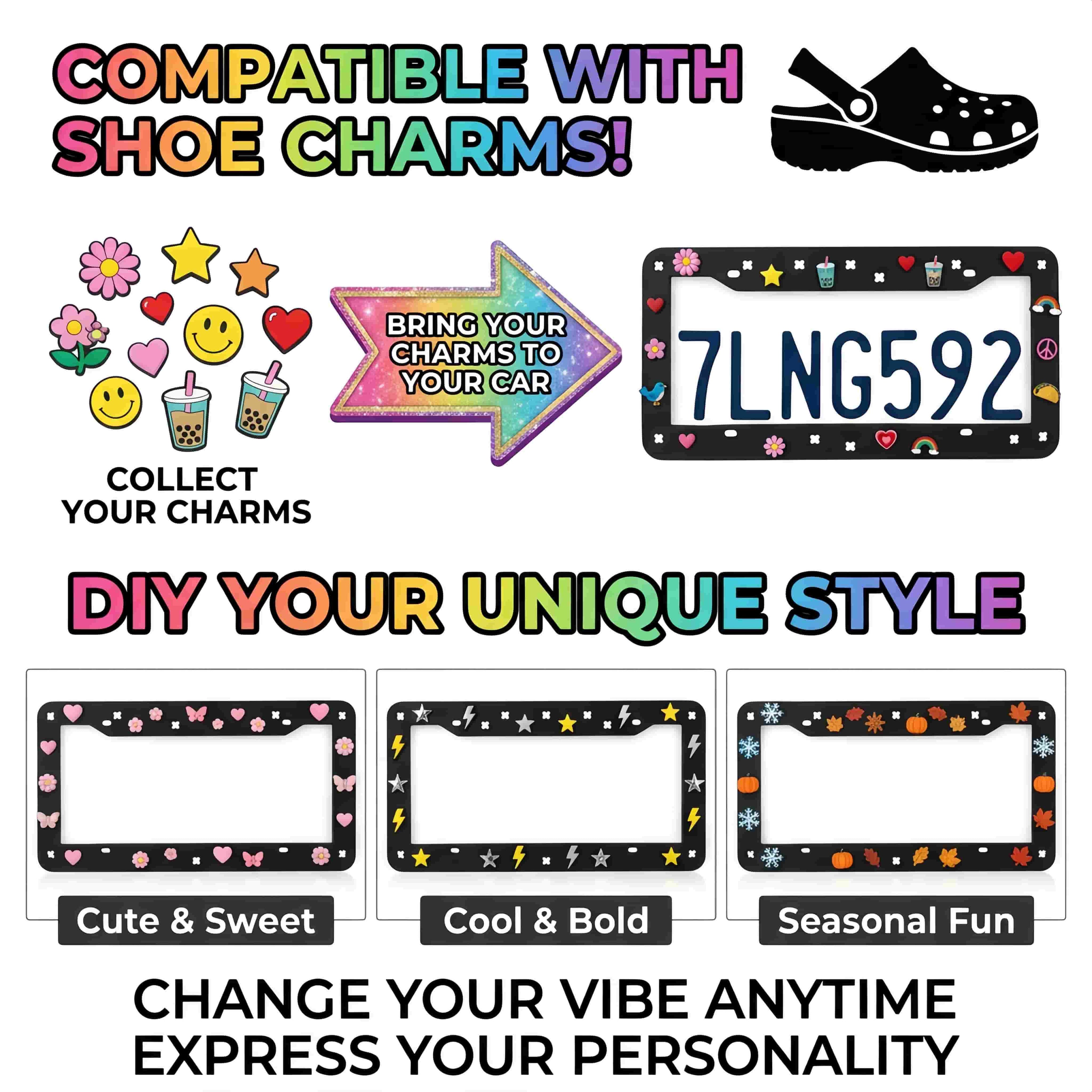 Key personalized features of the Makoauto DIY license plate cover, highlighting the unique snap-in design for custom car aesthetics and self-expression