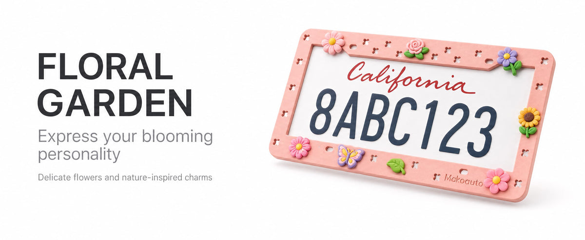 Pink Makoauto DIY car tag frame decorated with cute floral and butterfly shoe charms