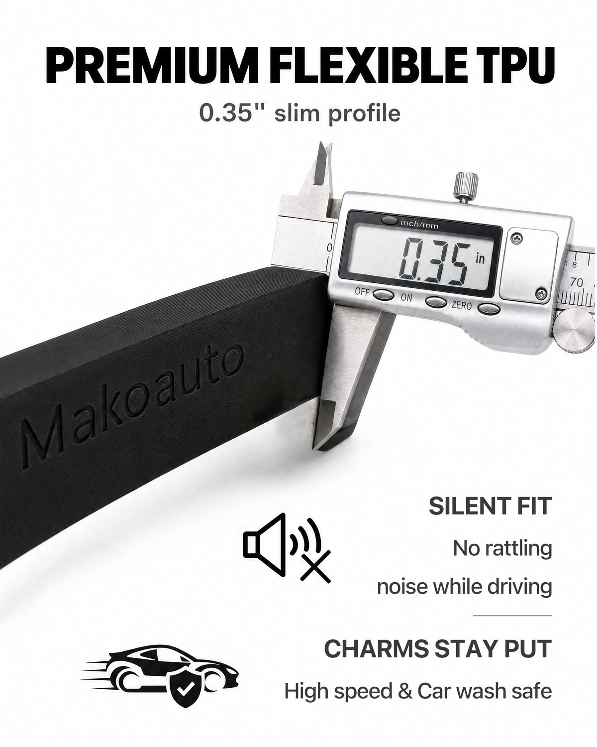 0.35 inch slim-profile flexible black TPU license plate frame designed to reduce plate rattle
