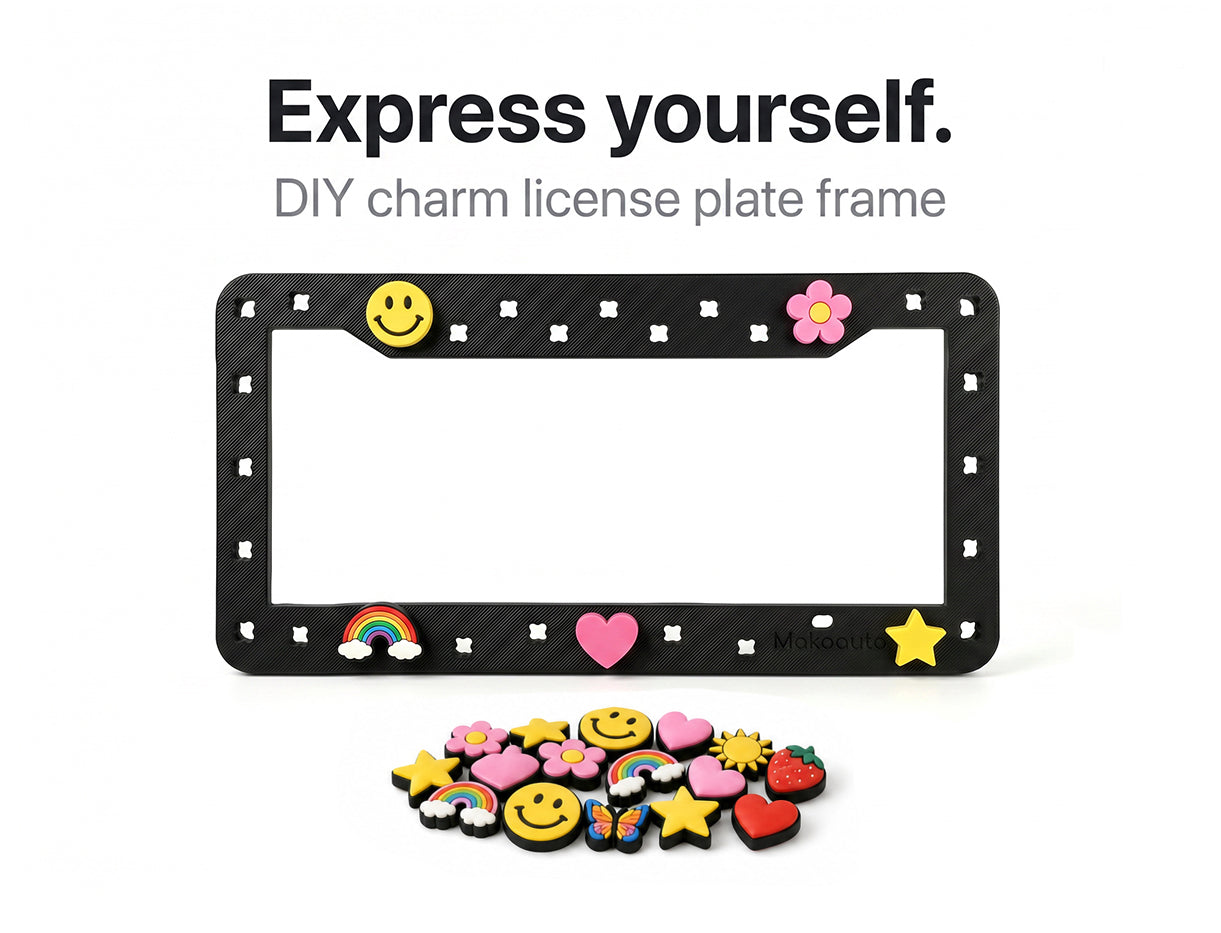 Makoauto custom DIY license plate frame. Built durable with flexible TPU. Pop in your favorite 3D shoe charms to match your vibe
