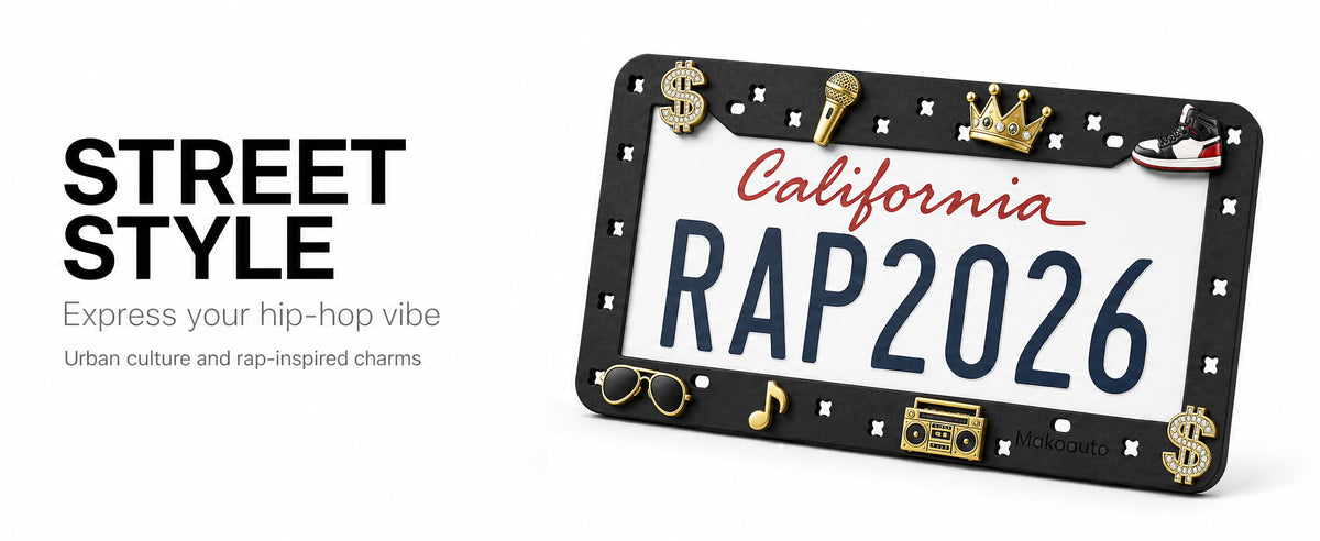 Express your hip-hop vibe with a black Makoauto DIY license plate holder and street style shoe charms